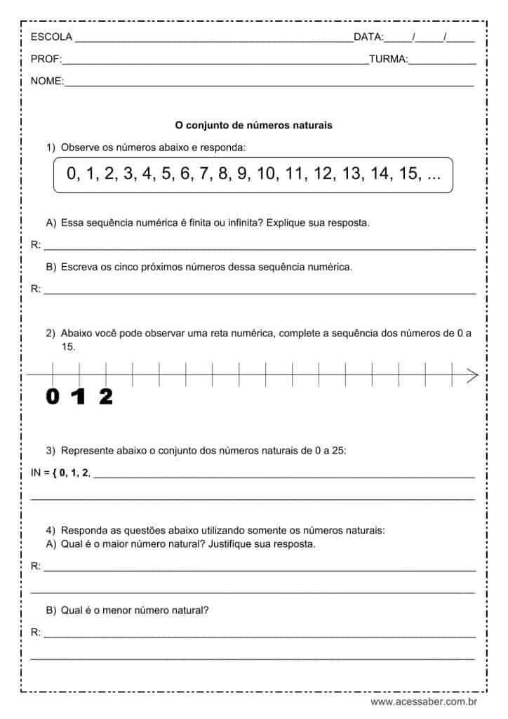 Atividade de matemática: Conjunto de números naturais - 4º ano