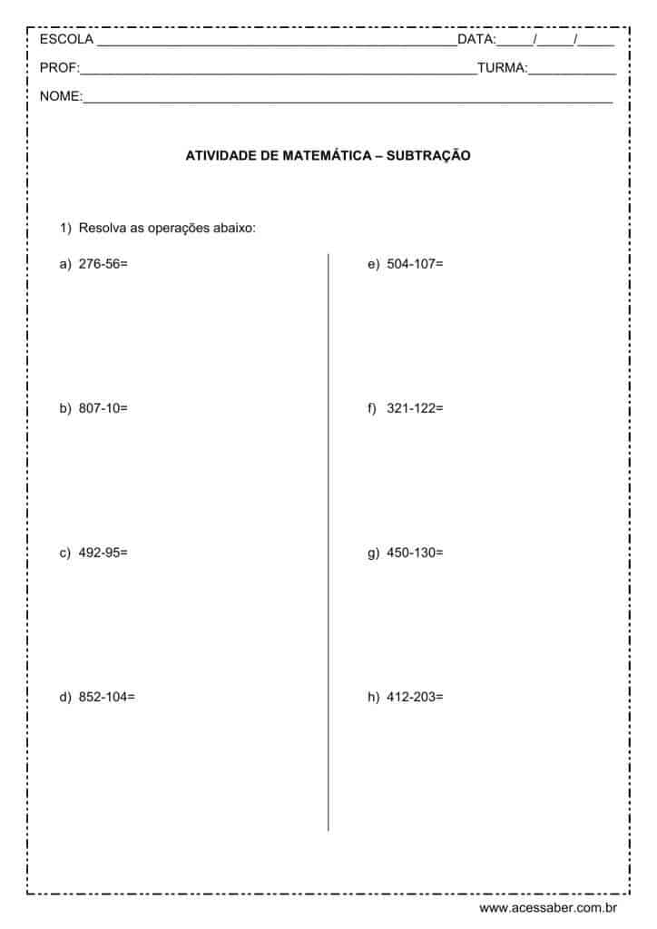 exercícios de matemática: Menos - 2º ou 3º ano