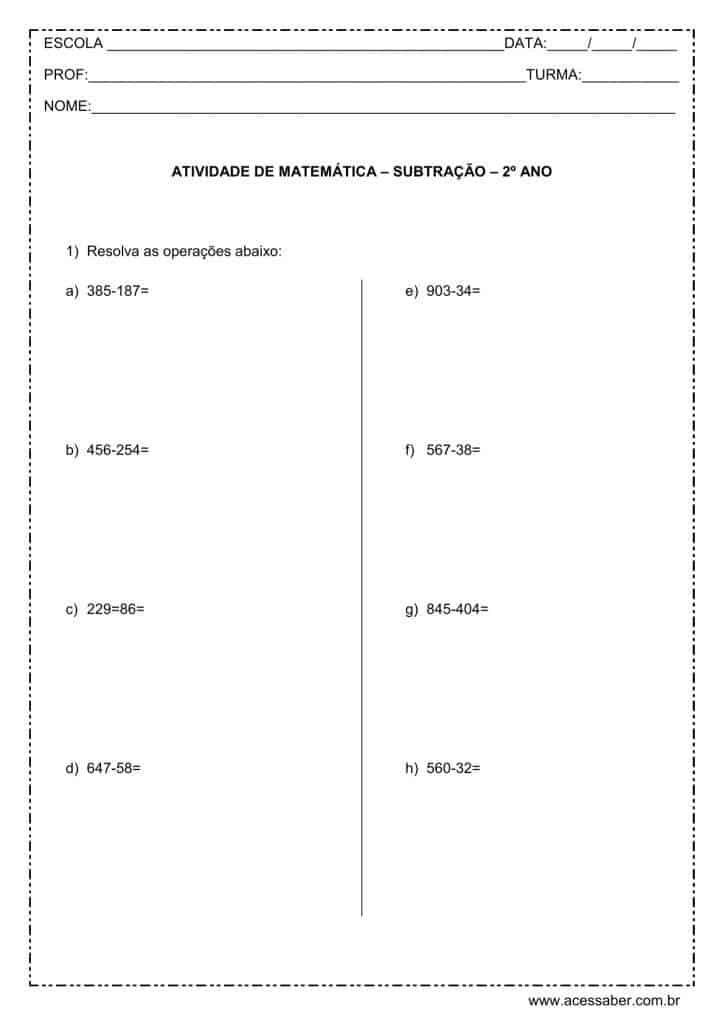 exercícios de matemática: Subtração - 2º ou 3º ano