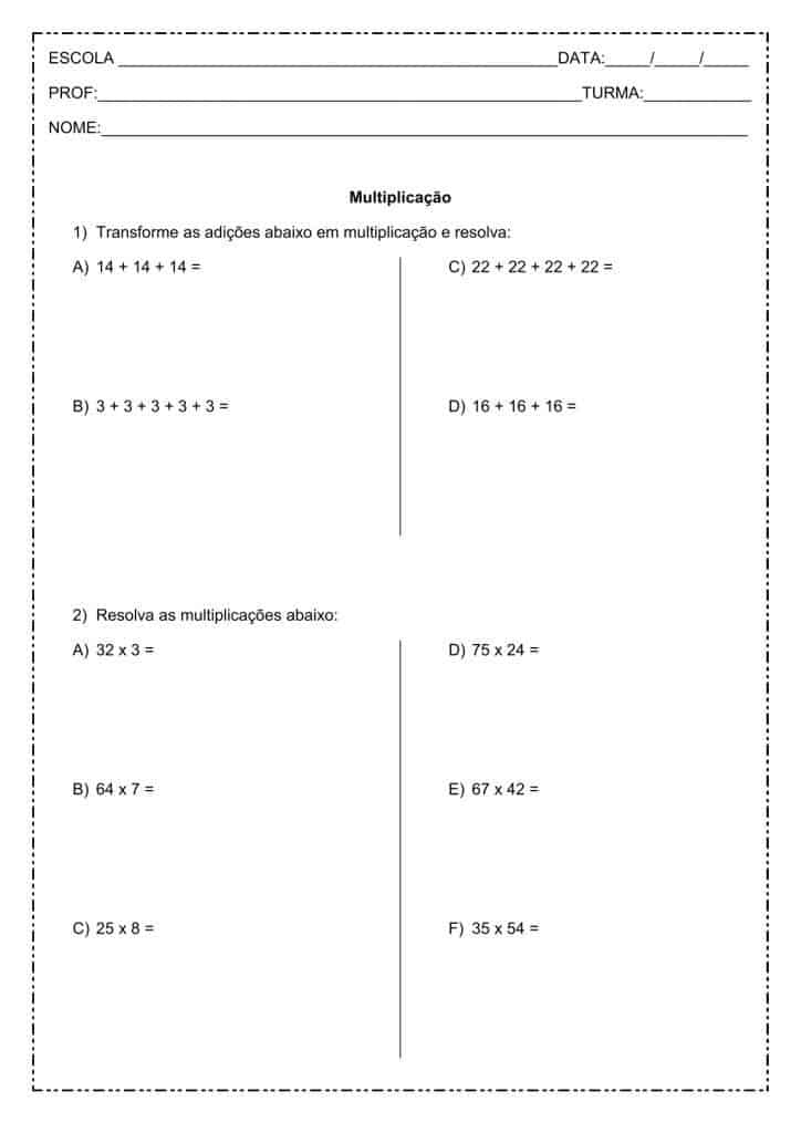 exercícios de matemática: Multiplicação - 3º ou 4º ano