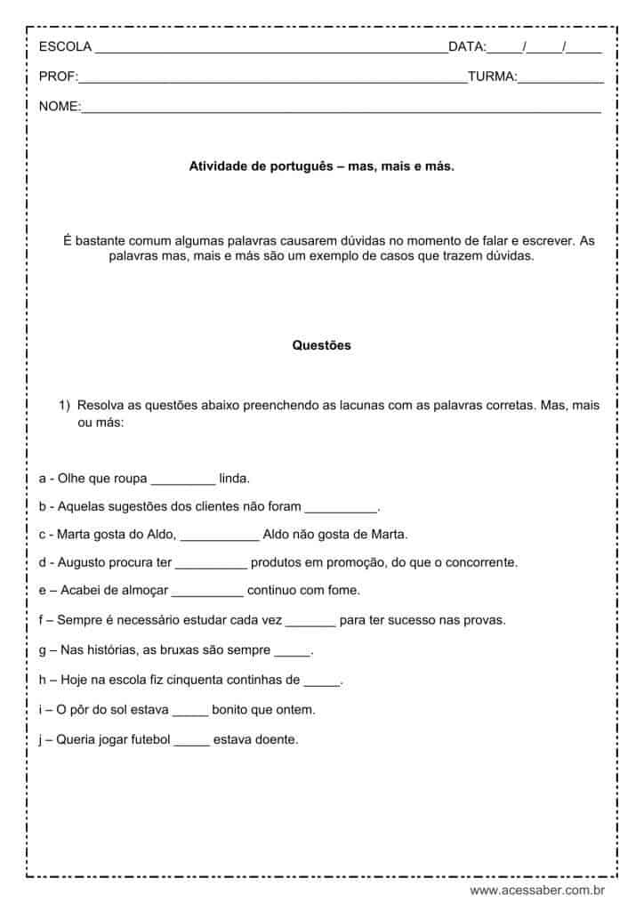 Atividade de língua portuguesa: Mas, Mais ou Más - 4º ou 5º ano
