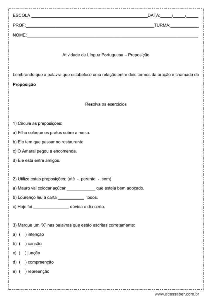 Atividade de língua portuguesa: preposição - 4º ou 5º ano