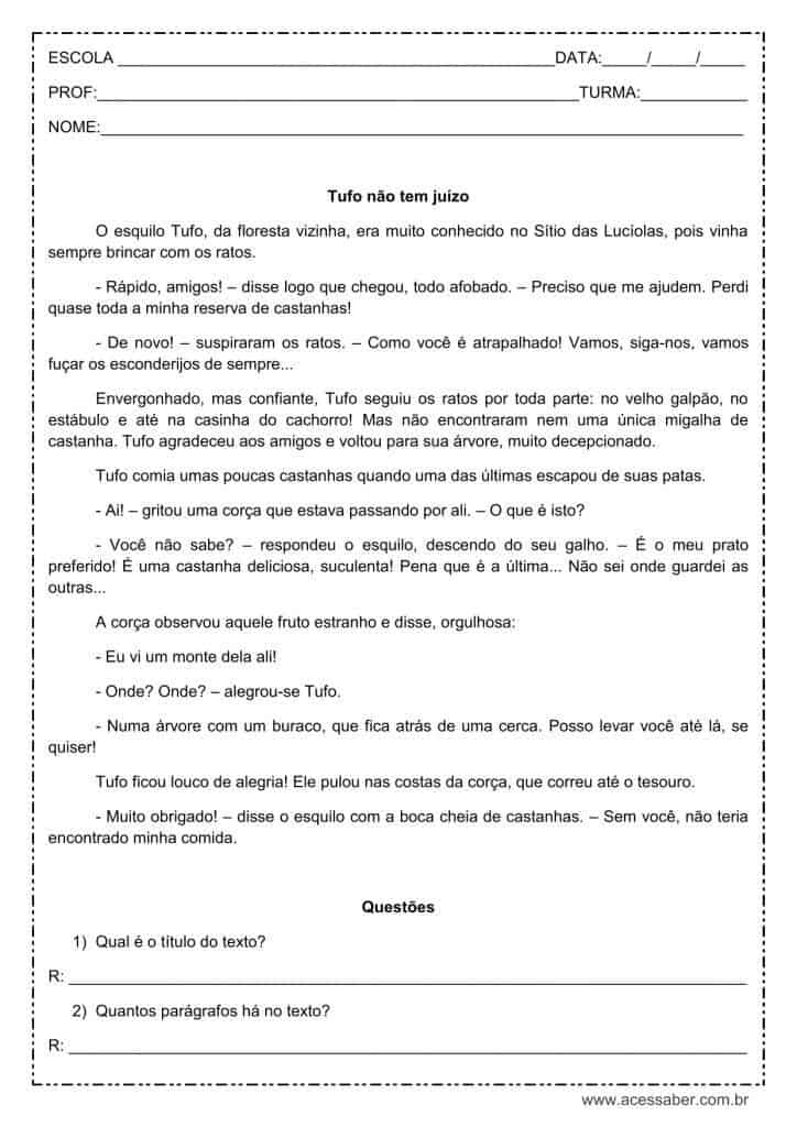 Interpretação de texto: Tufo não tem juízo - 4º ou 5º ano