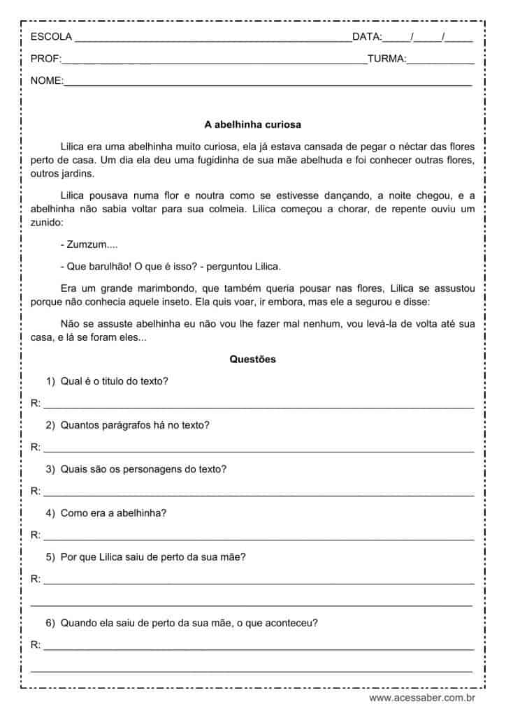 atividade de interpretação de texto: A abelhinha curiosa - 4º ou 5º ano