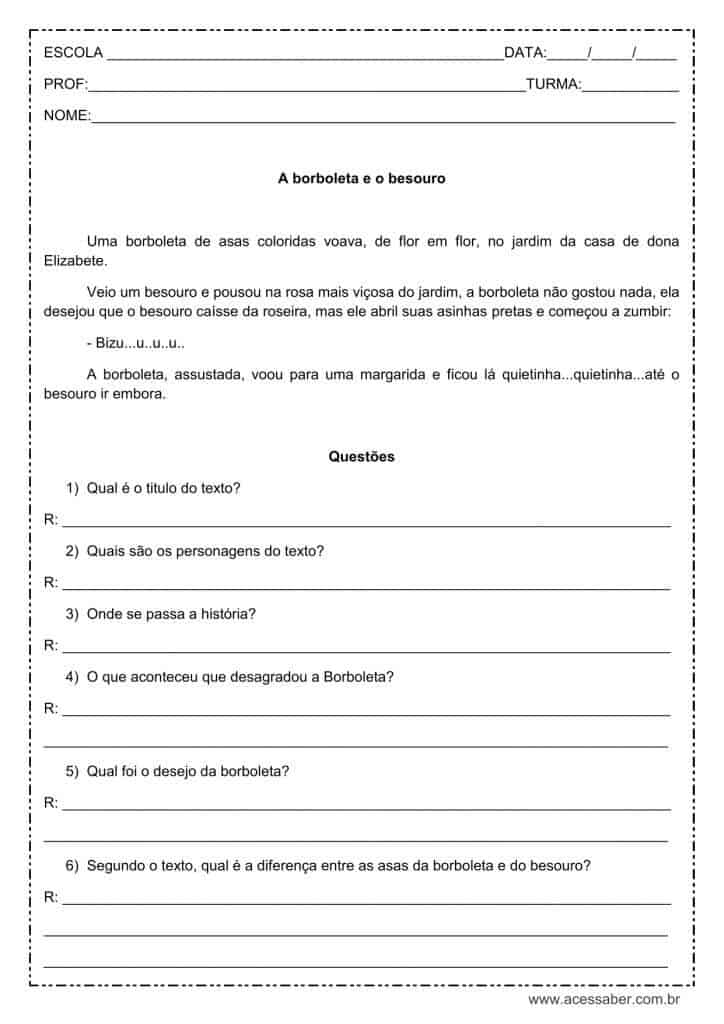 Atividade de interpretação de texto: A borboleta e o besouro - 3º ou 4º ano