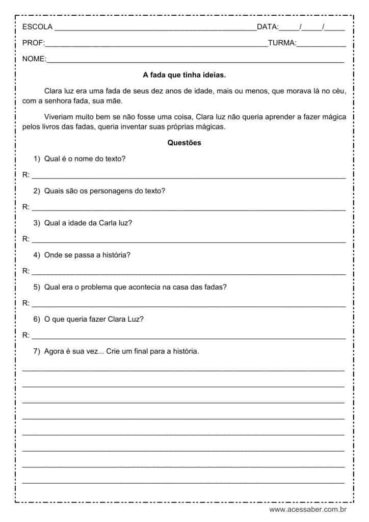 Atividade de interpretação de texto: A fada que tinha ideias - 3º ou 4º ano