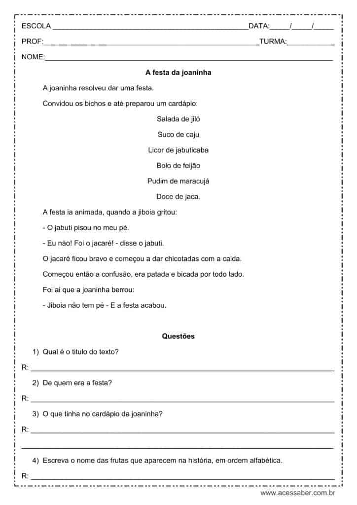Atividade de interpretação de texto: A festa da joaninha - 2º ou 3º ano