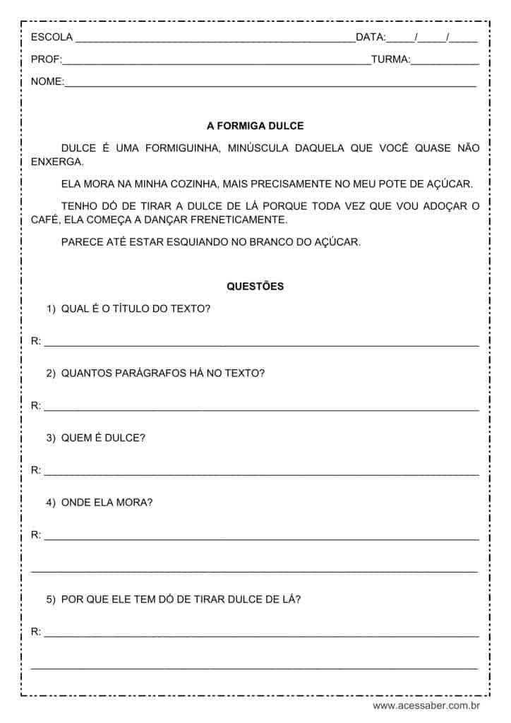 atividade de interpretação de texto: A formiguinha Dulce - 1º ou 2º ano