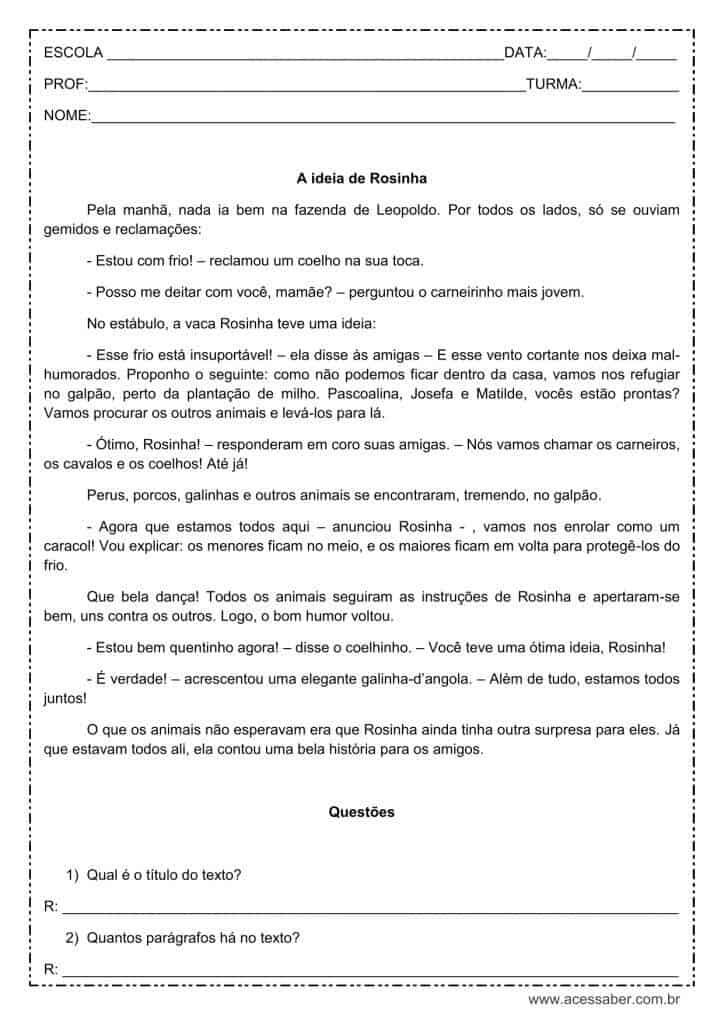 Interpretação de texto: A ideia de Rosinha - 5º ou 6º ano
