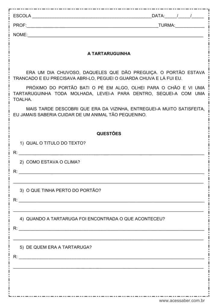 atividade de interpretação de texto: A tartaruguinha - 2º ou 3º ano