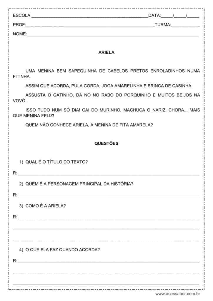 Interpretação de texto: Ariela - 2º ou 3º ano