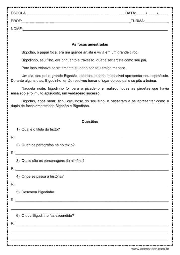 atividade de interpretação de texto: As focas amestradas - 3º ou 4º ano