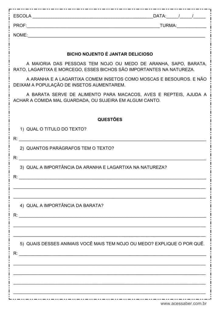 Interpretação de texto: Bicho nojento é jantar delicioso - 3º ou 4º ano