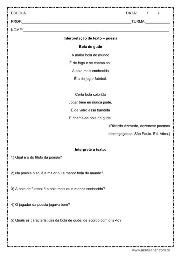 Interpretação de texto: Bola de gude - 4º ou 5º ano