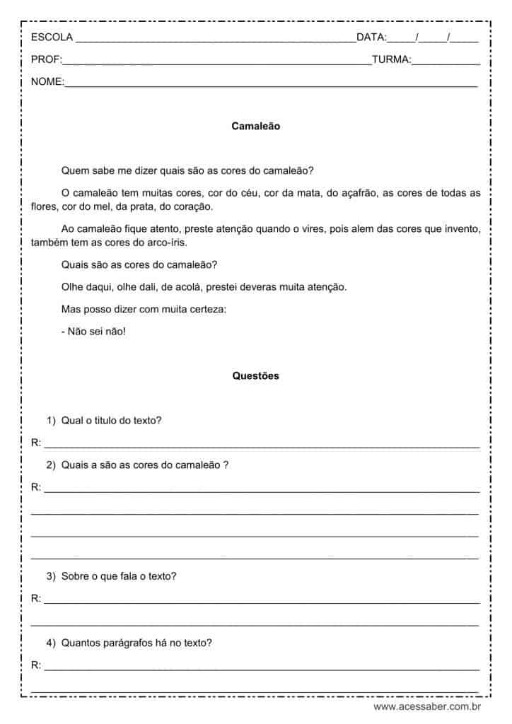 Interpretação de texto: Camaleão - 3º ou 4º ano