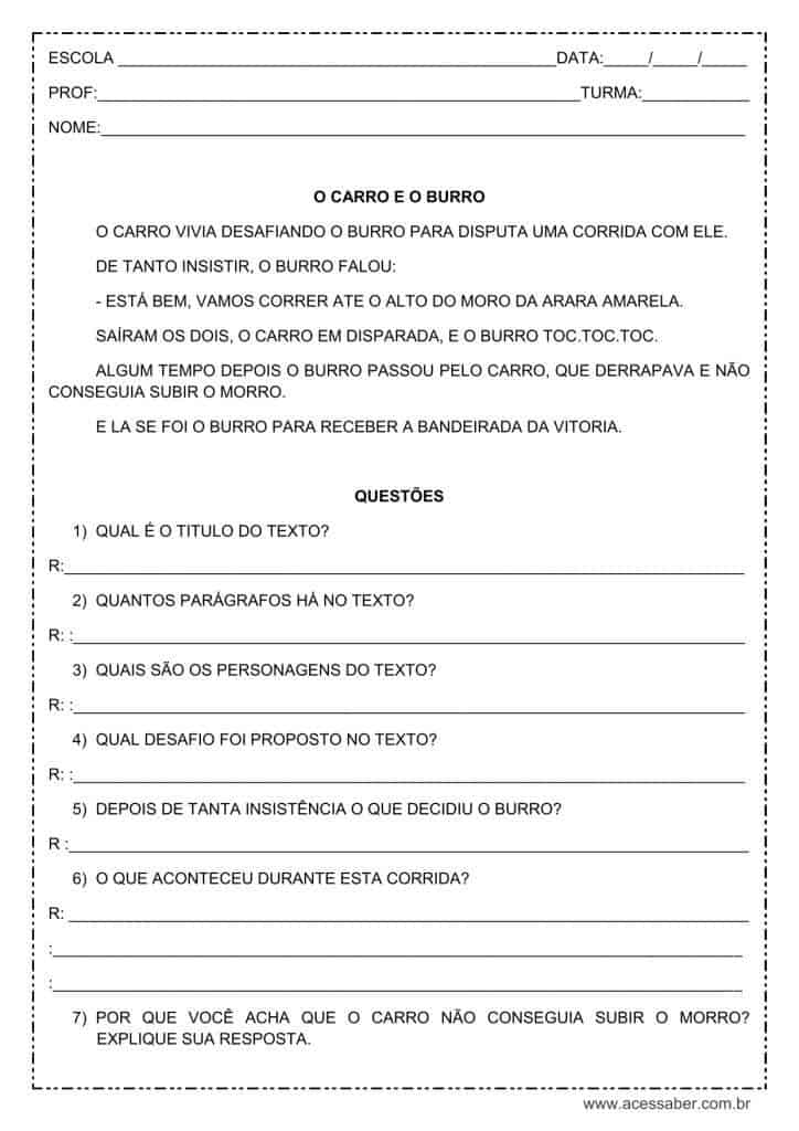 Interpretação de texto: O carro e o burro - 3º ou 4º ano