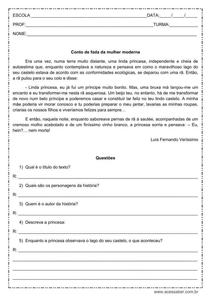 Interpretação de texto: Conto de fada da mulher moderna - 4º ou 5º ano