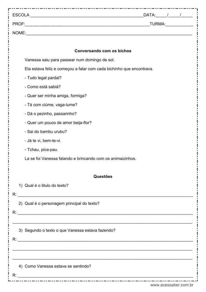 atividade de interpretação de texto: Conversando com os bichos - 2º ou 3º ano