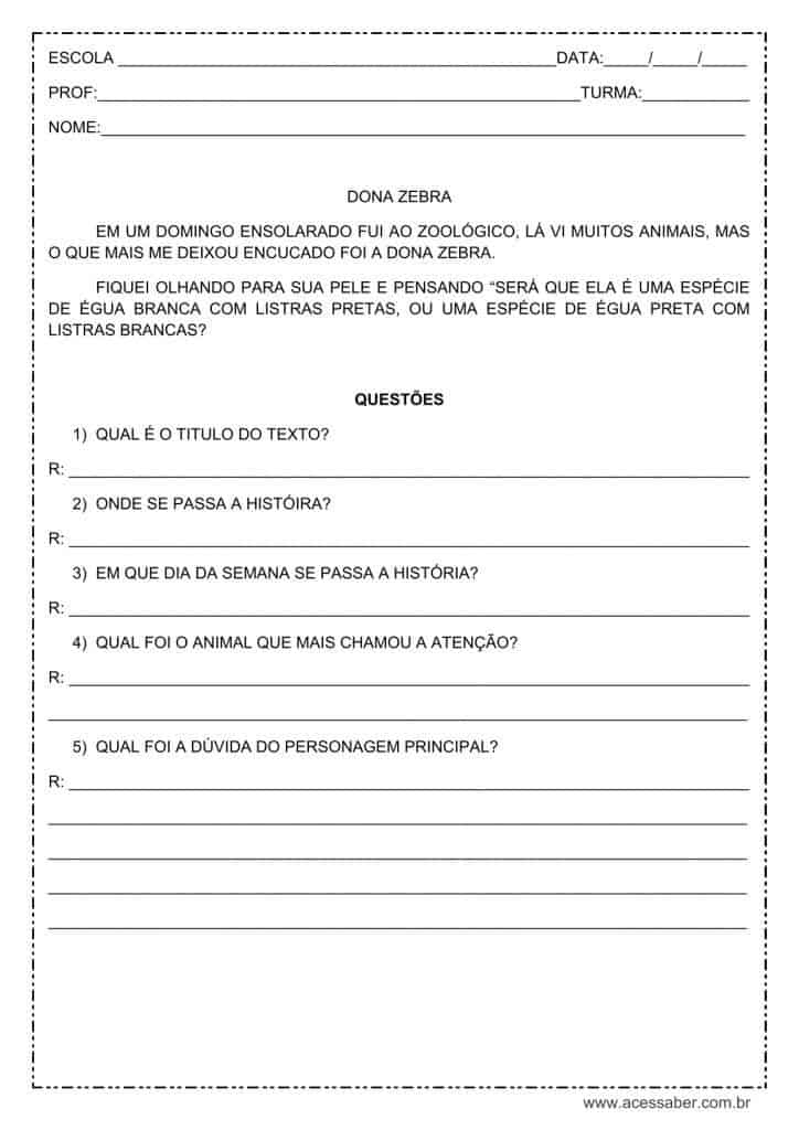 atividade de interpretação de texto: Dona Zebra - 2º ou 3º ano