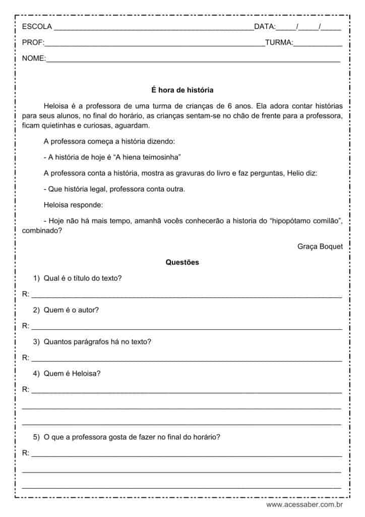 Interpretação de texto: É hora da história - 2º ou 3º ano