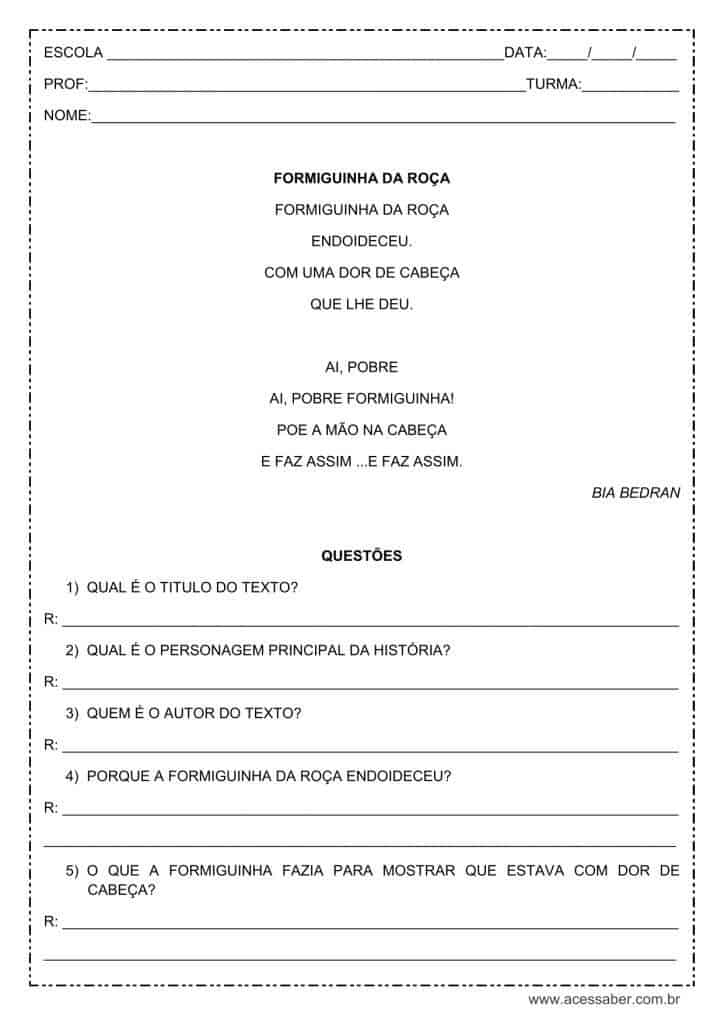 atividade de interpretação de texto: Formiguinha da roça - 1º ou 2º ano