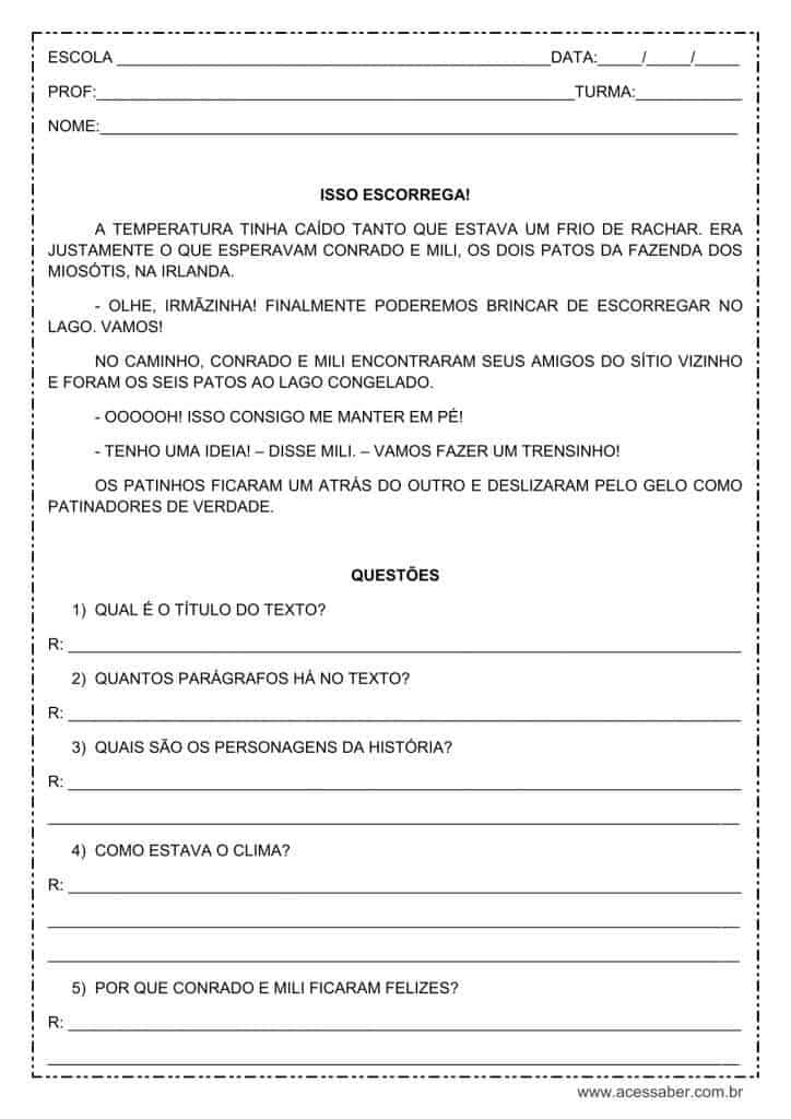 Interpretação de texto: Isso escorrega! - 2º ou 3º ano