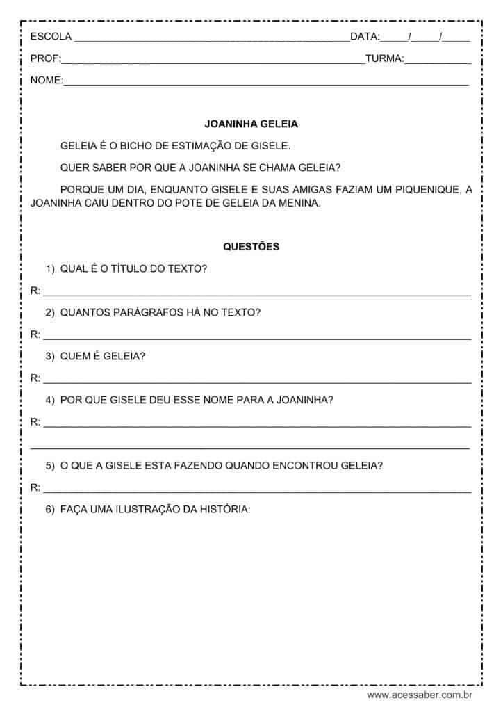 atividade de interpretação de texto: Joaninha Geleia - 1º ou 2º ano
