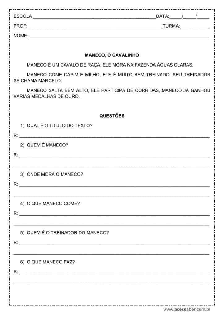 atividade de interpretação de texto: Maneco, o cavalinho - 2º ou 3º ano