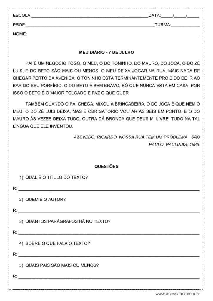Interpretação de texto: Meu diário_7 de julho - 2º ou 3º ano