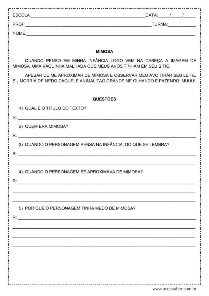 atividade de interpretação de texto: Mimosa - 2º ou 3º ano
