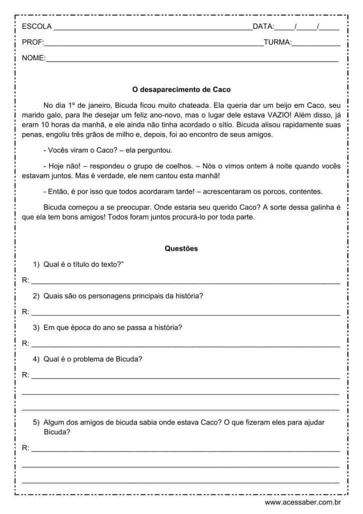 Interpretação de texto: O desaparecimento de Caco - 4º ou 5º ano