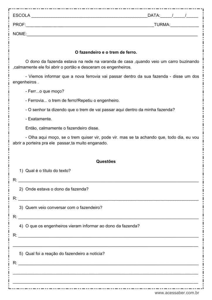 Interpretação de texto: O fazendeiro e o trem de ferro - 3º ou 4º ano