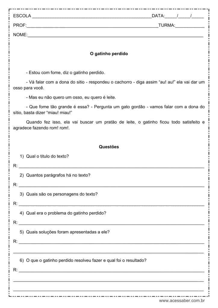 Interpretação de texto: O gatinho perdido - 4º ou 5º ano