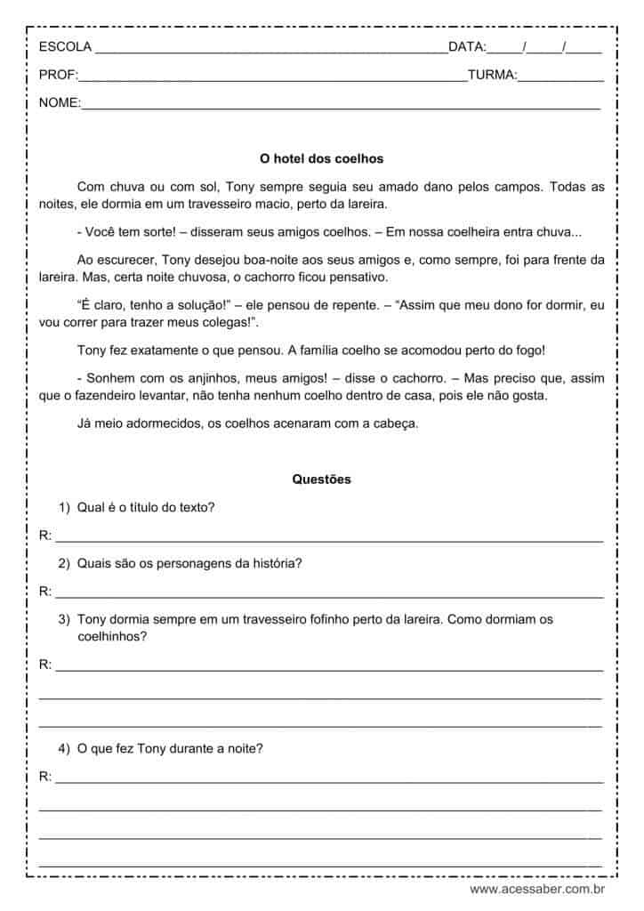 Interpretação de texto: O hotel dos coelhos - 4º ou 5º ano