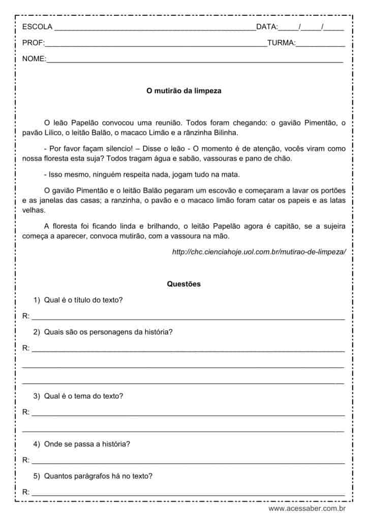 Interpretação de texto: O mutirão da limpeza - 4º ou 5º ano