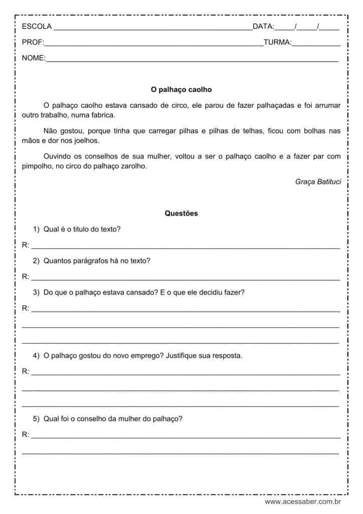 atividade de interpretação de texto: O palhaço caolho - 3º ou 4º ano