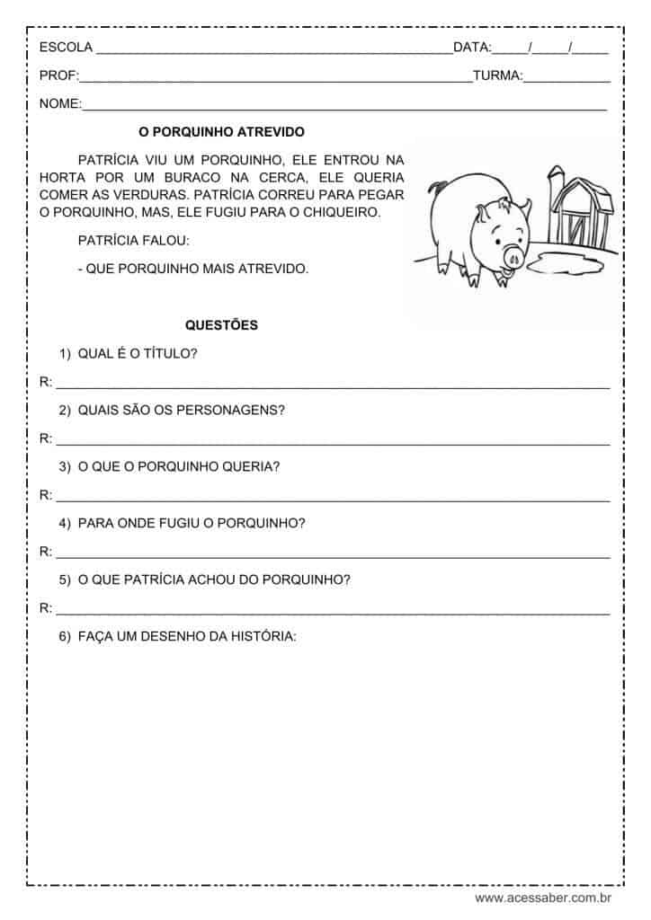 Interpretação de texto: O porquinho atrevido - 1º ou 2º ano