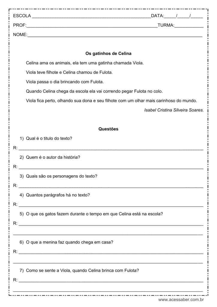 Interpretação de texto: Os gatinhos de Celina - 3º ou 4º ano