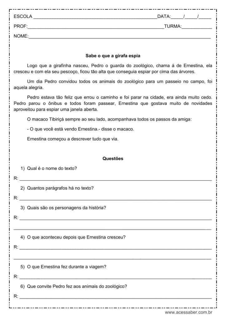 Interpretação de texto: Sabe o que a girafa espia - 2º ou 3º ano