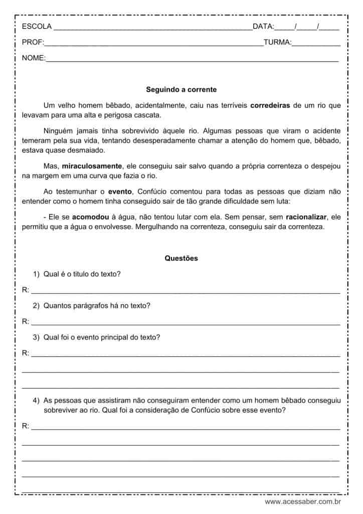 Interpretação de texto: Seguindo a corrente - 4º ou 5º ano