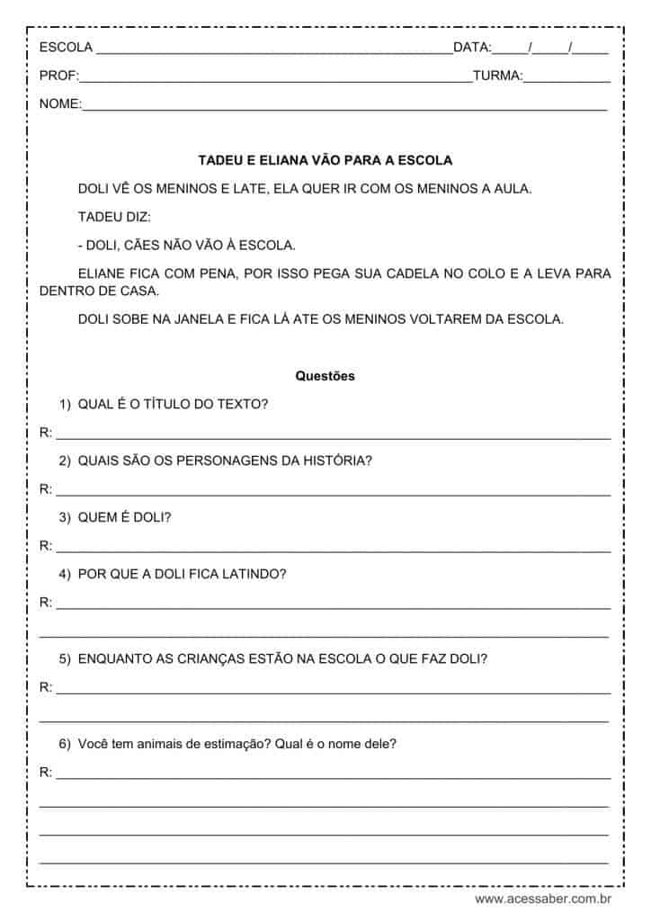 Interpretação de texto: Tadeu e Eliana vão para a escola - 1º ou 2º ano
