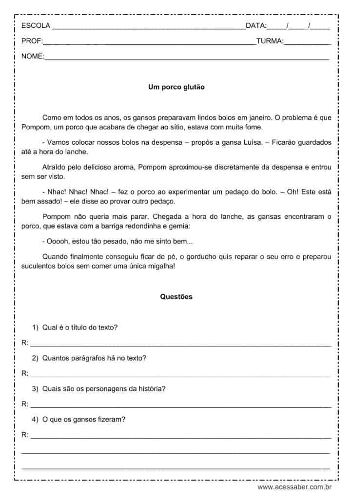 Interpretação de texto: Um porco glutão - 4º ou 5º ano