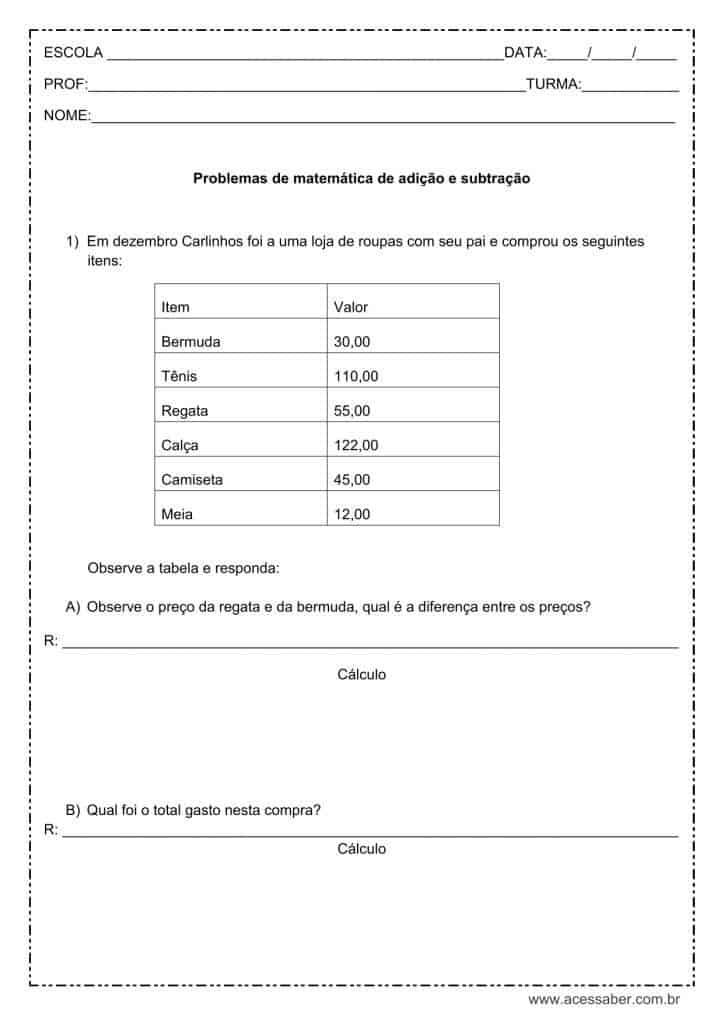Situações problema de matemática: Adição e subtração - 4º ano