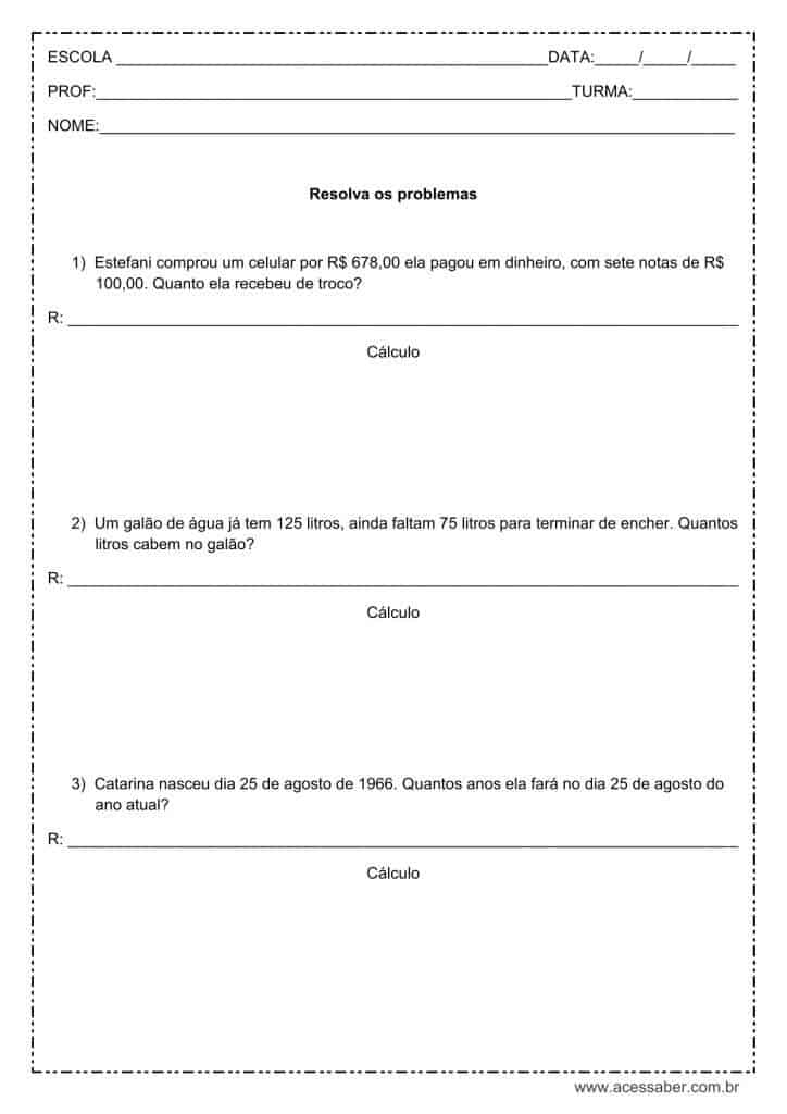 Problemas de matemática: Adição e subtração - 4º ou 5º ano