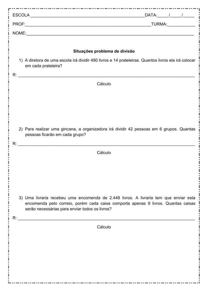 situações problema de matemática: Divisão - 4º ou 5º ano