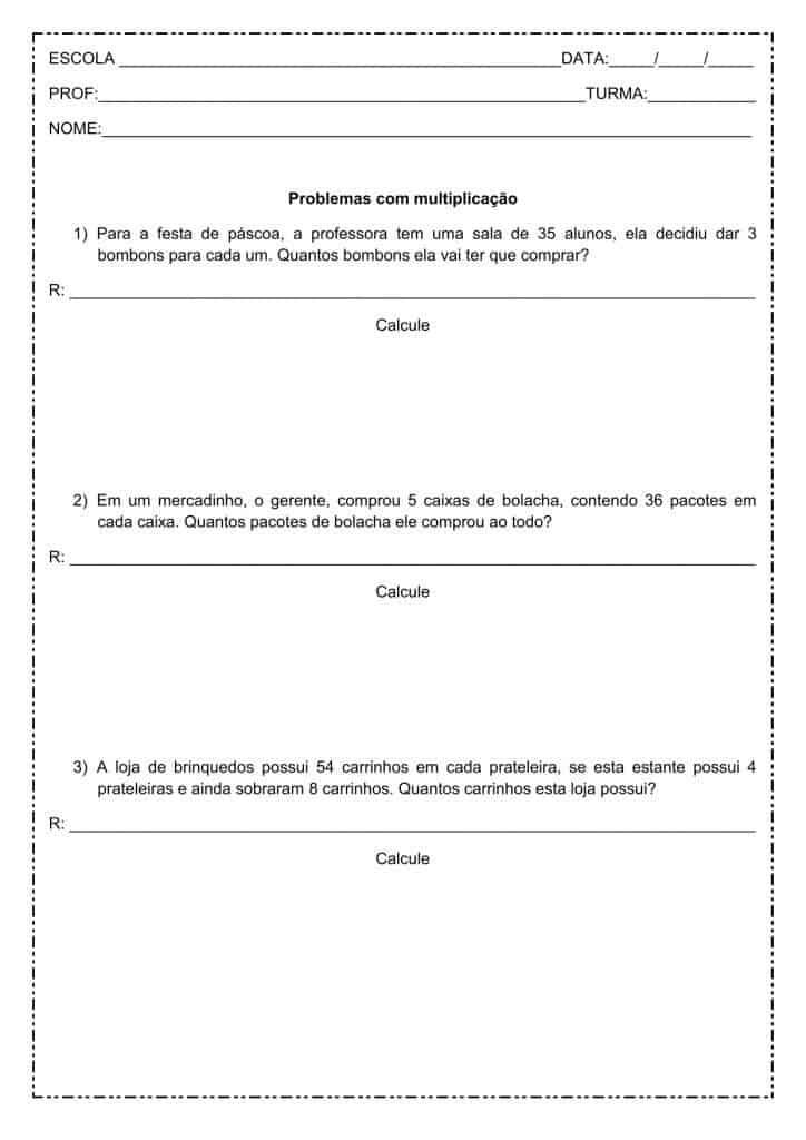 Situações problema de multiplicação - 4º ou 5º ano