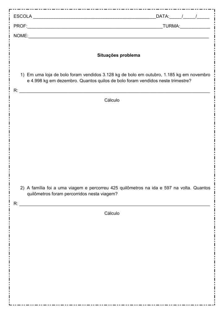 situações problema de matemática: Soma - 4º ano