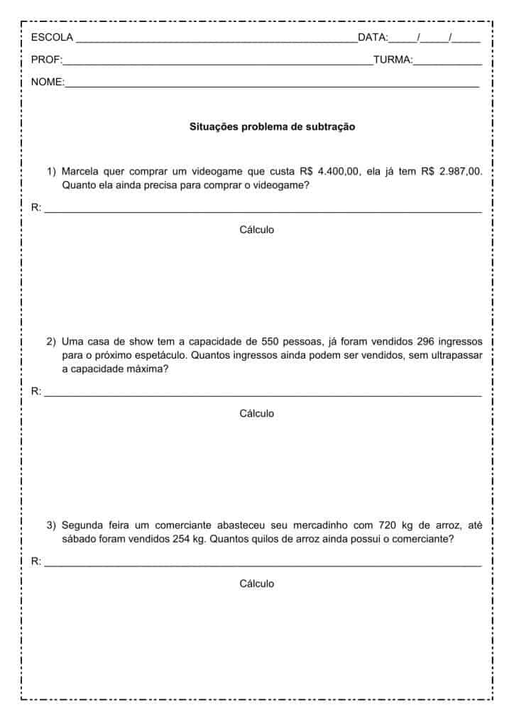 situações problema de matemática: Subtração - 4º ano