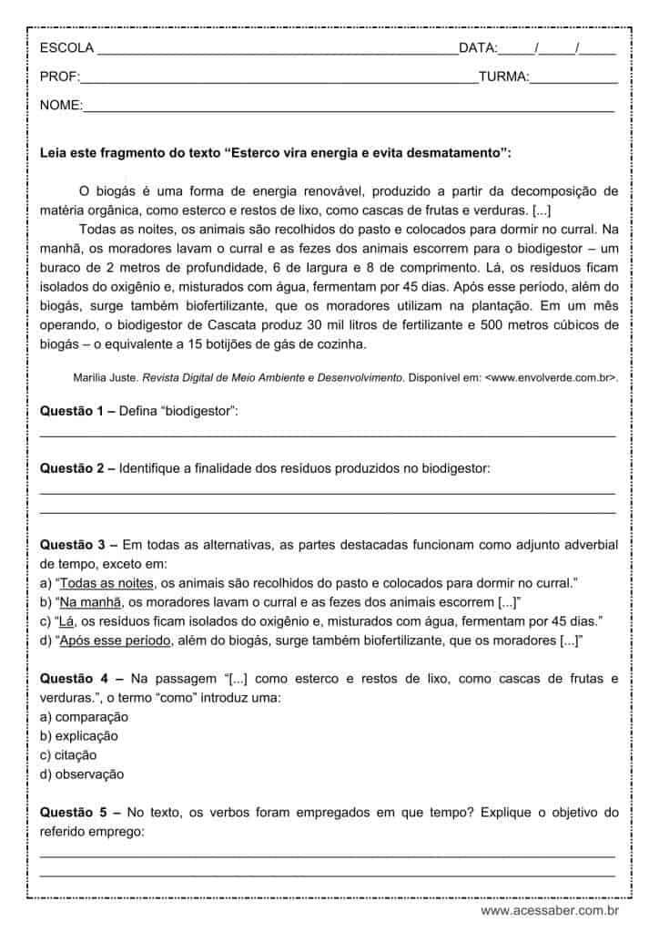 Atividade de língua portuguesa: Adjunto adverbial de tempo - 9º ano
