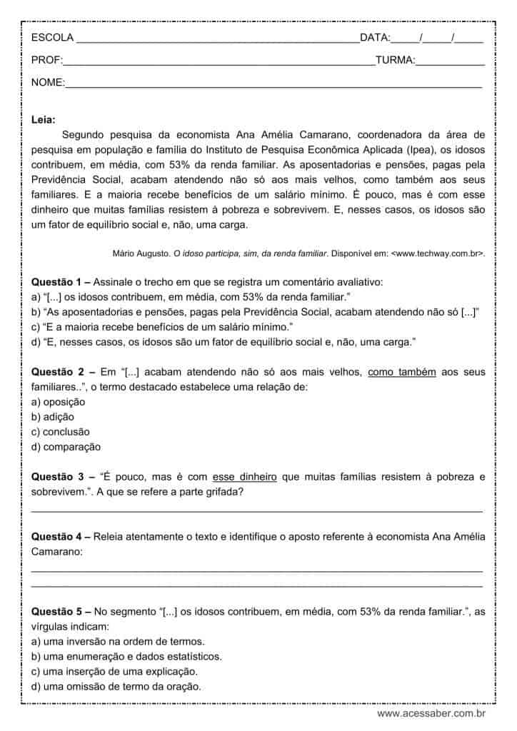 Atividade de língua portuguesa: Aposto - 8º ano
